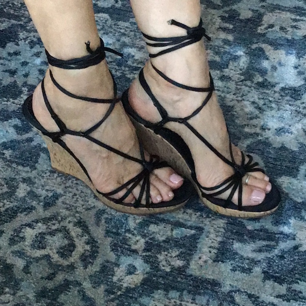 Nine West black strappy wedges.